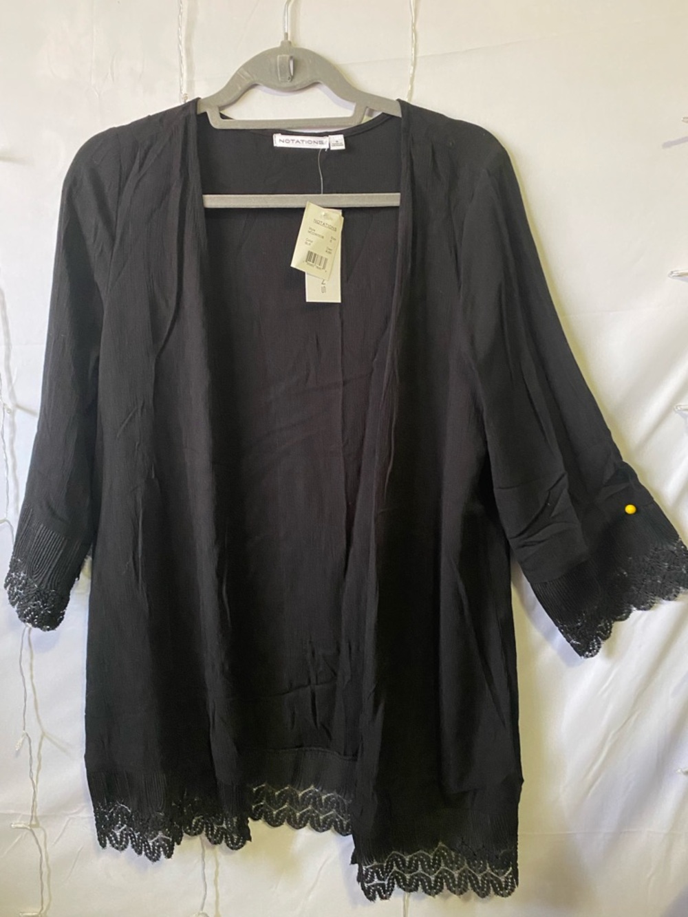 Notations Black Open Front Cardigan with Lace Detail